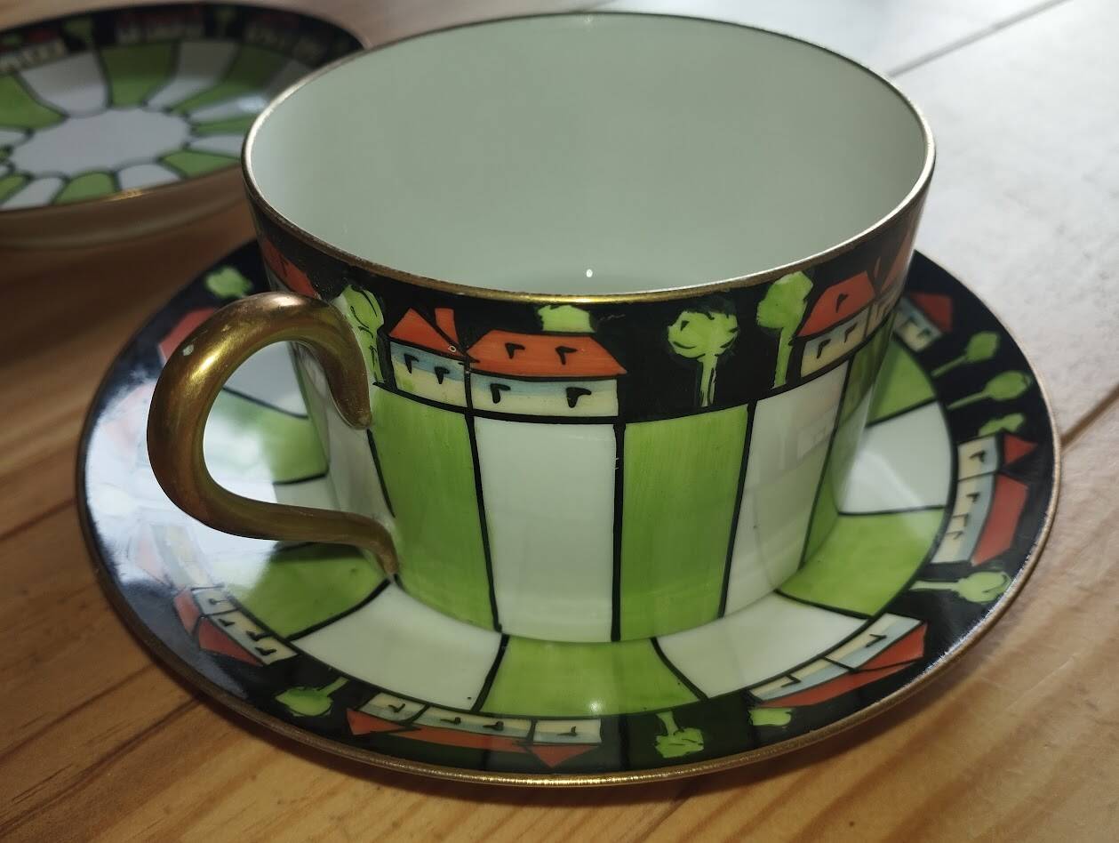 Antique cup and two saucers – Art Deco geometric design