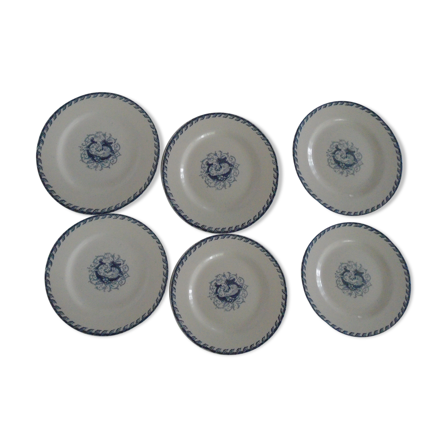 6 flat plates K - G Lunéville original blue decoration "G" old faience