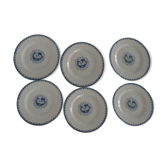 6 assiettes plates K & G Lunéville décor bleu initiale " G " faience ancienne