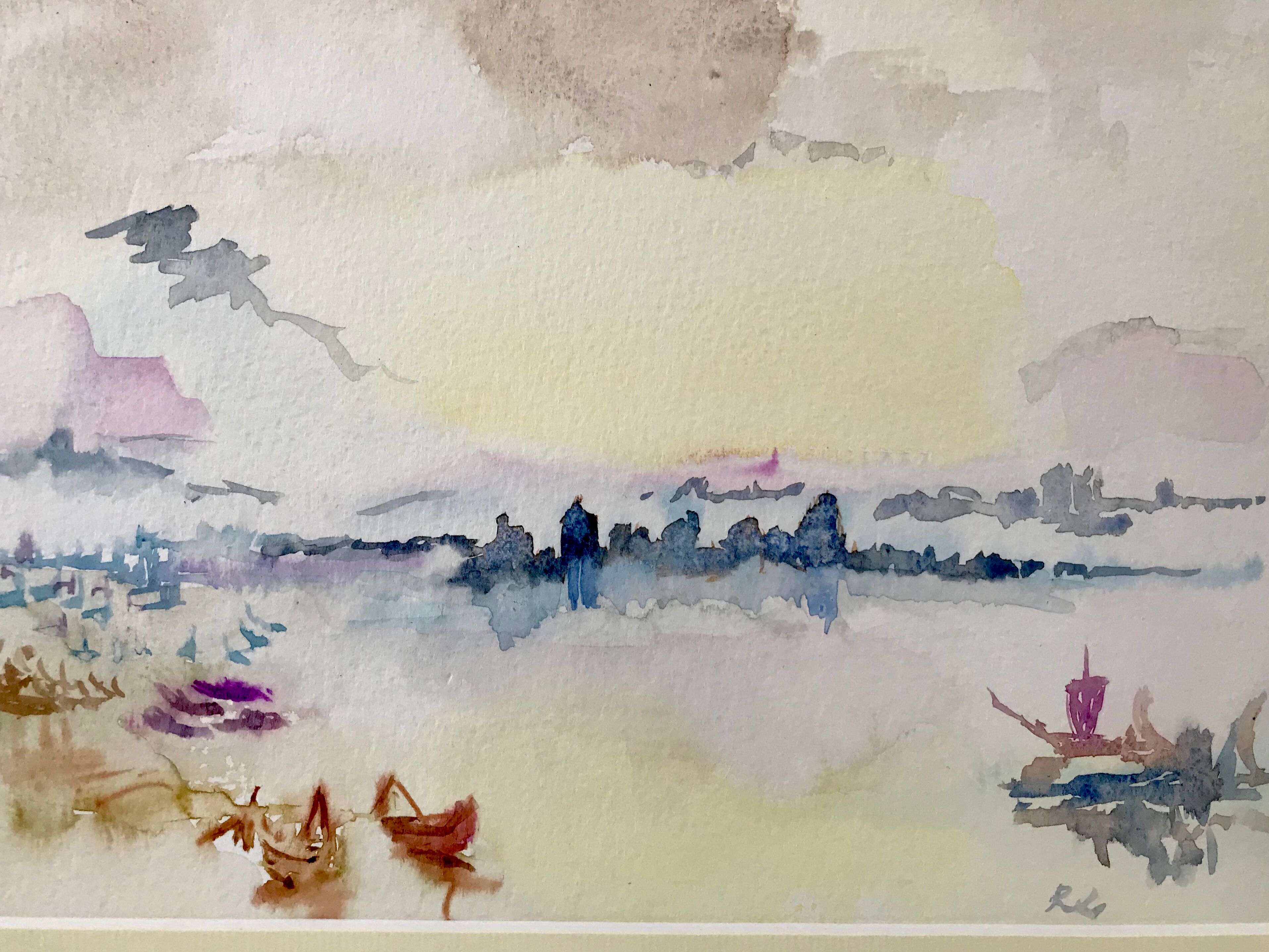 Watercolor sunset sea signed Roseline Lombard
