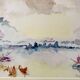 Watercolor sunset sea signed Roseline Lombard