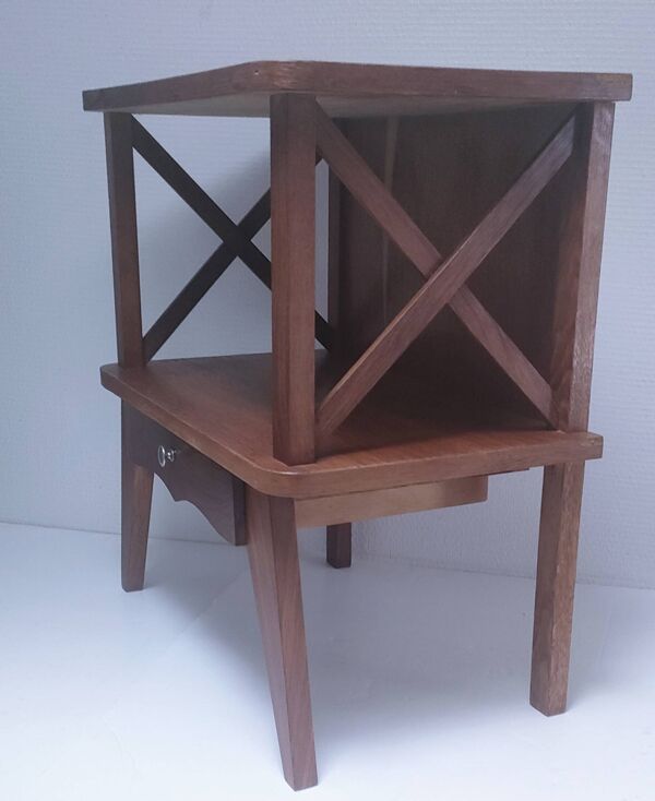 table chevet bois croisillons pieds compas vintage