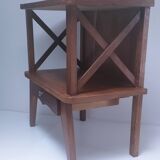 vintage wooden bedside table with crossbars and tapered legs