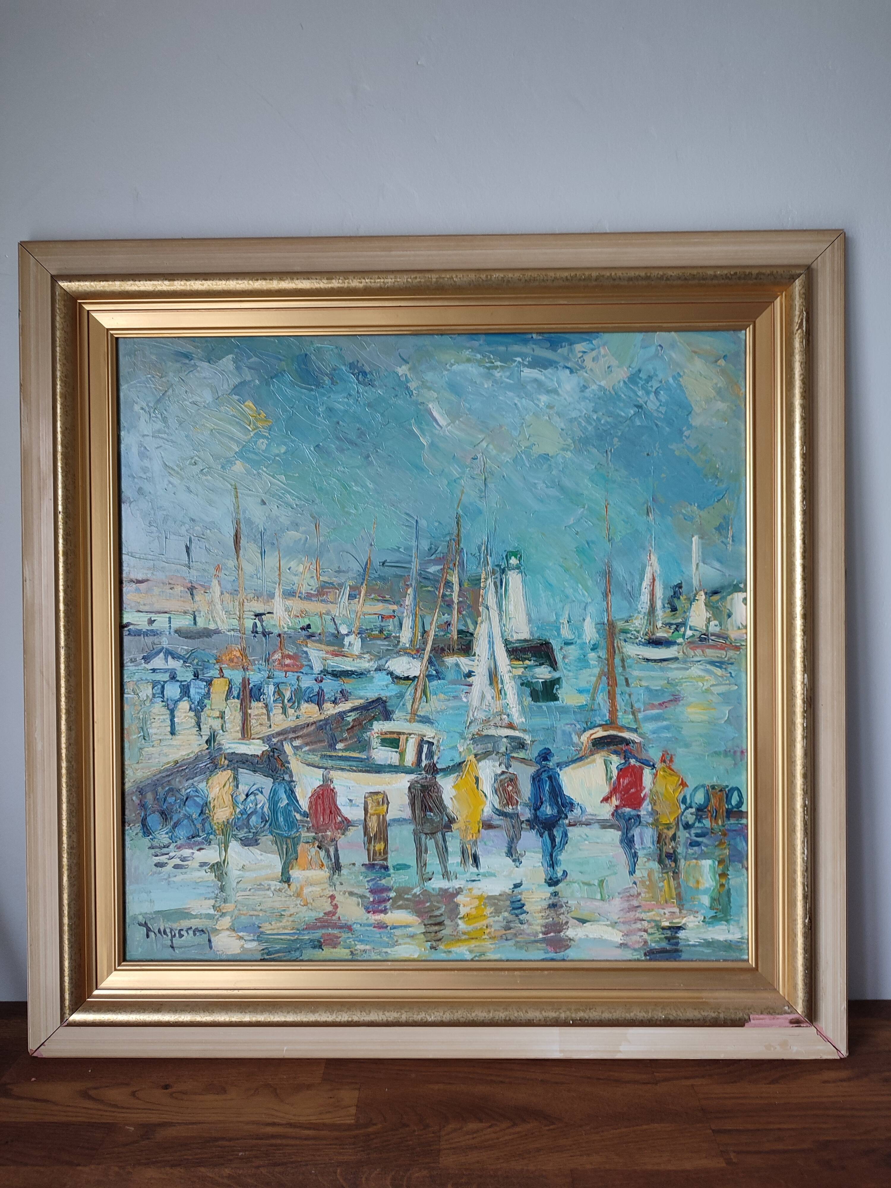 Oil painting on panel Alain Duperay port Breton, arrival of the fishermen