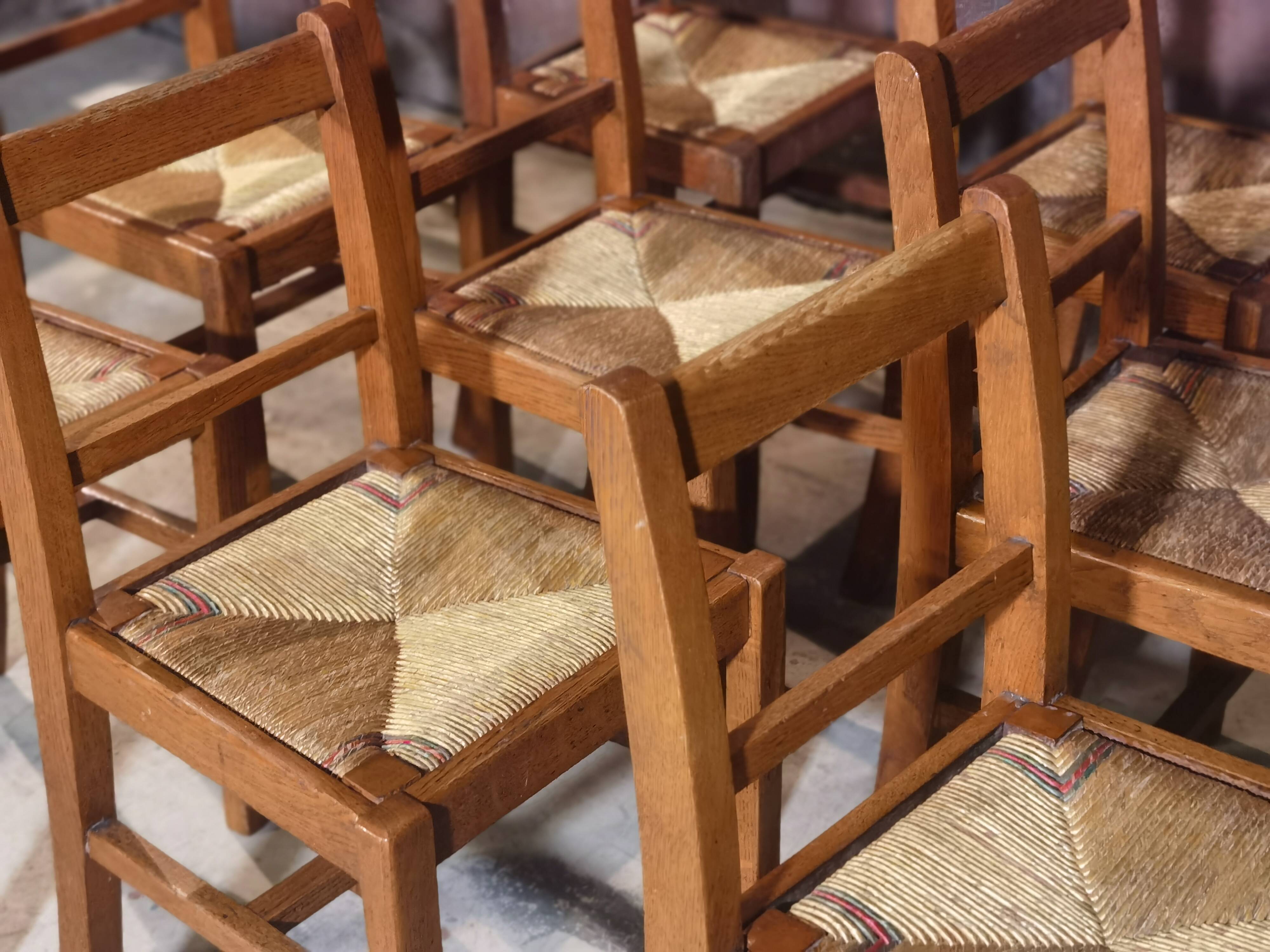 Lot de 8 chaises Reconstruction 1950 Chêne et paille