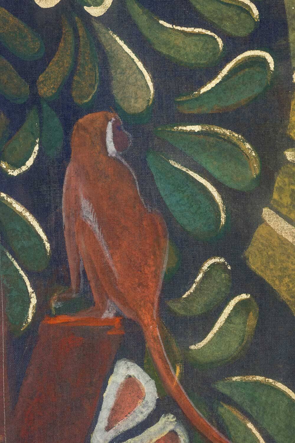 Painted canvas depicting a marmoset on a floral background. Contemporary.