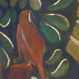 Painted canvas depicting a marmoset on a floral background. Contemporary.