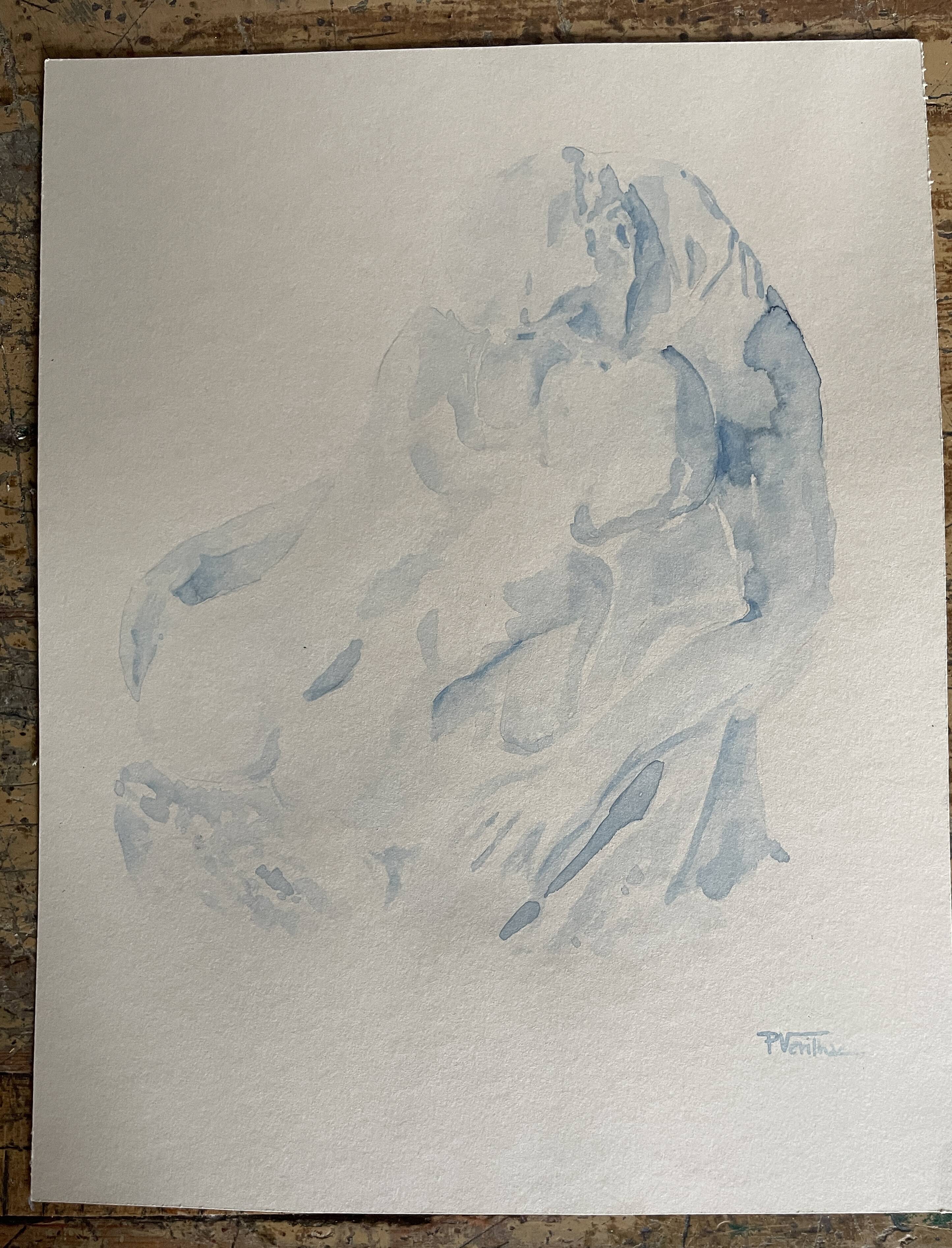 Signed watercolour monochrome blue study of the statue "The Kiss by Rodin"
