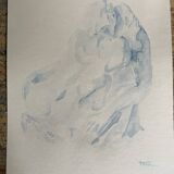 Tableau signé aquarelle monochrome bleue étude de la statue  « le baiser de Rodin »