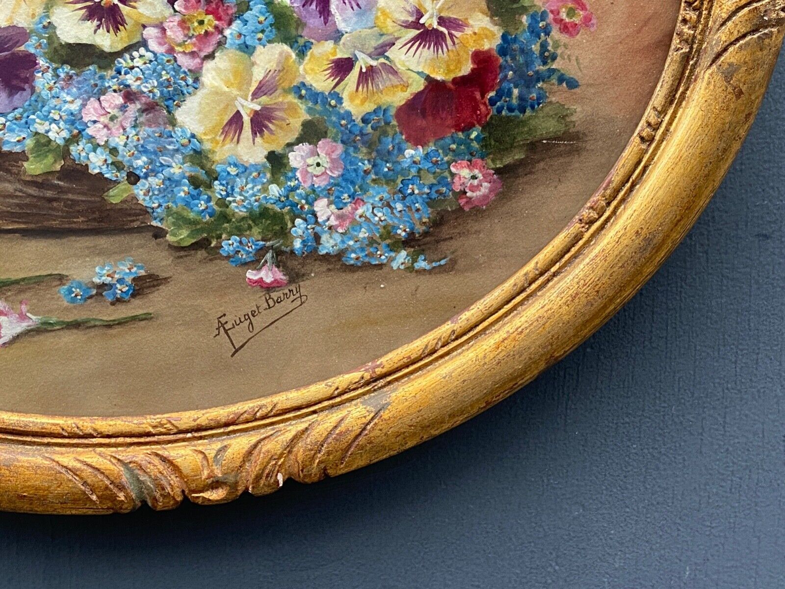 Watercolor on paper bouquet of flowers by a euget-barry xxe frame dore