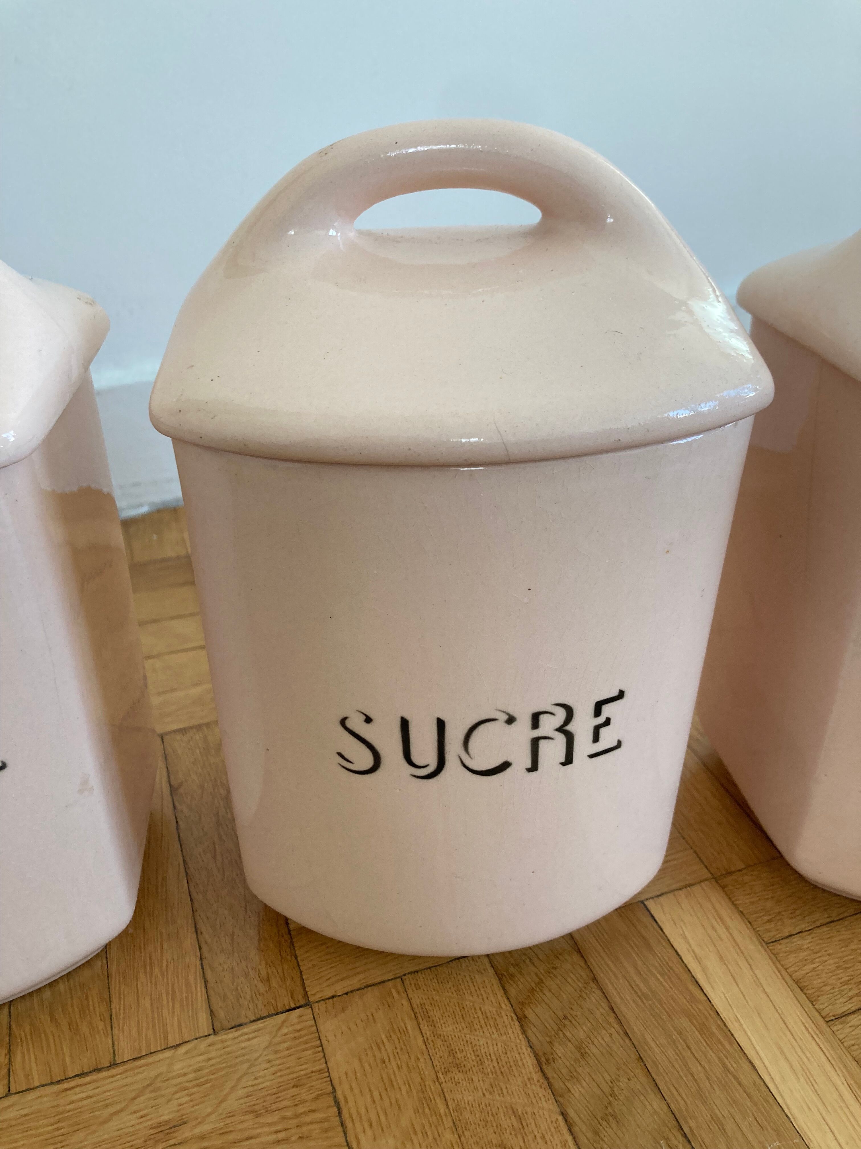 3 antique spice pots in pale pink earthenware from saint amandinoise