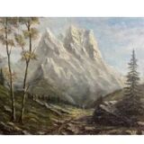 Mountain painting with path between trees signed Dumenil