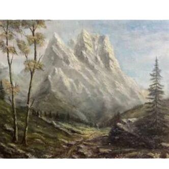 Mountain painting with path between trees signed Dumenil