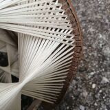 Pair of vintage wooden and rattan straw pendant lights.