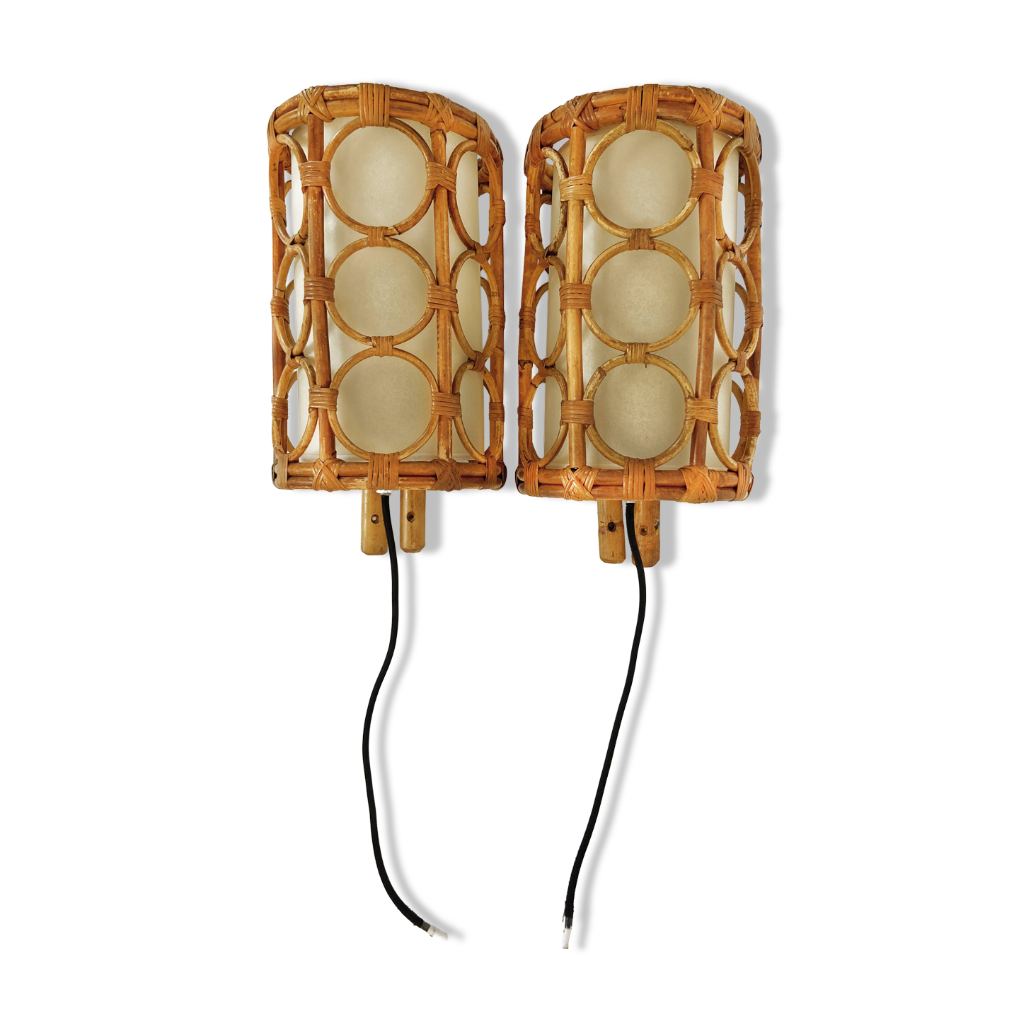 Mid-century rattan wall sconces — Louis Sognot style
