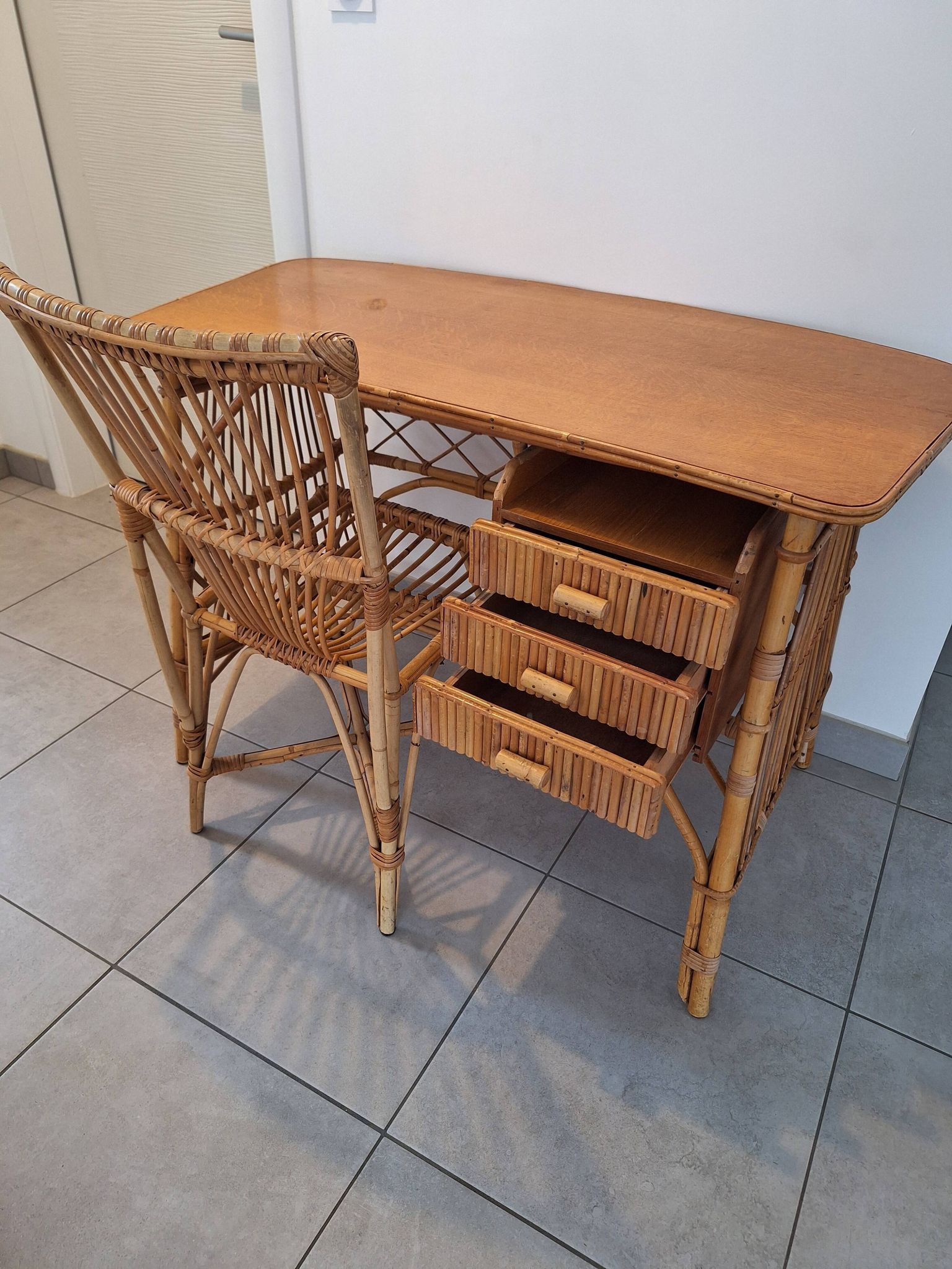 Rattan and bamboo desk with chair - Audoux Minet style from the 1970s.
