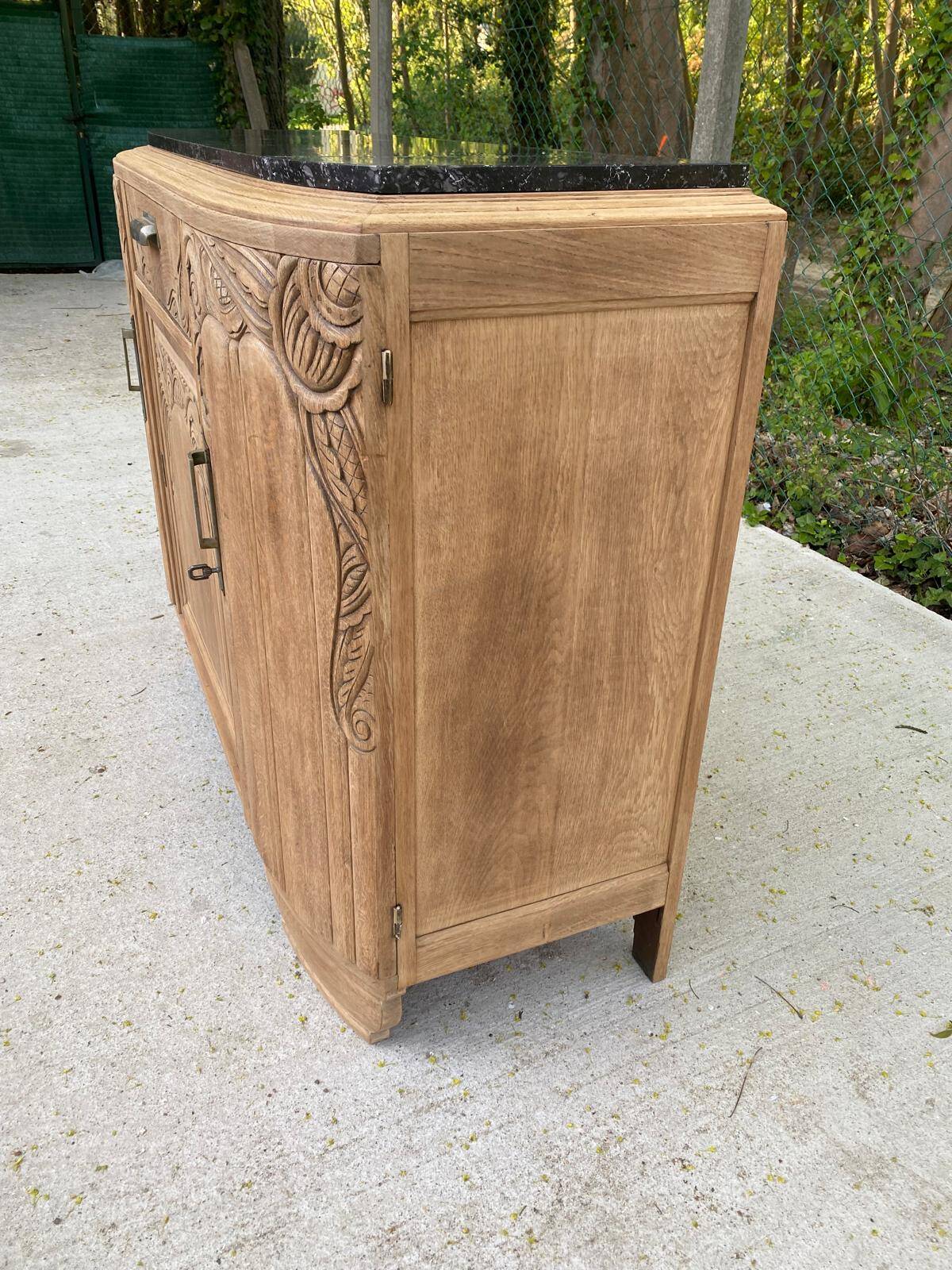 Renovated vintage Parisian art deco sideboard in solid oak and marble 1930