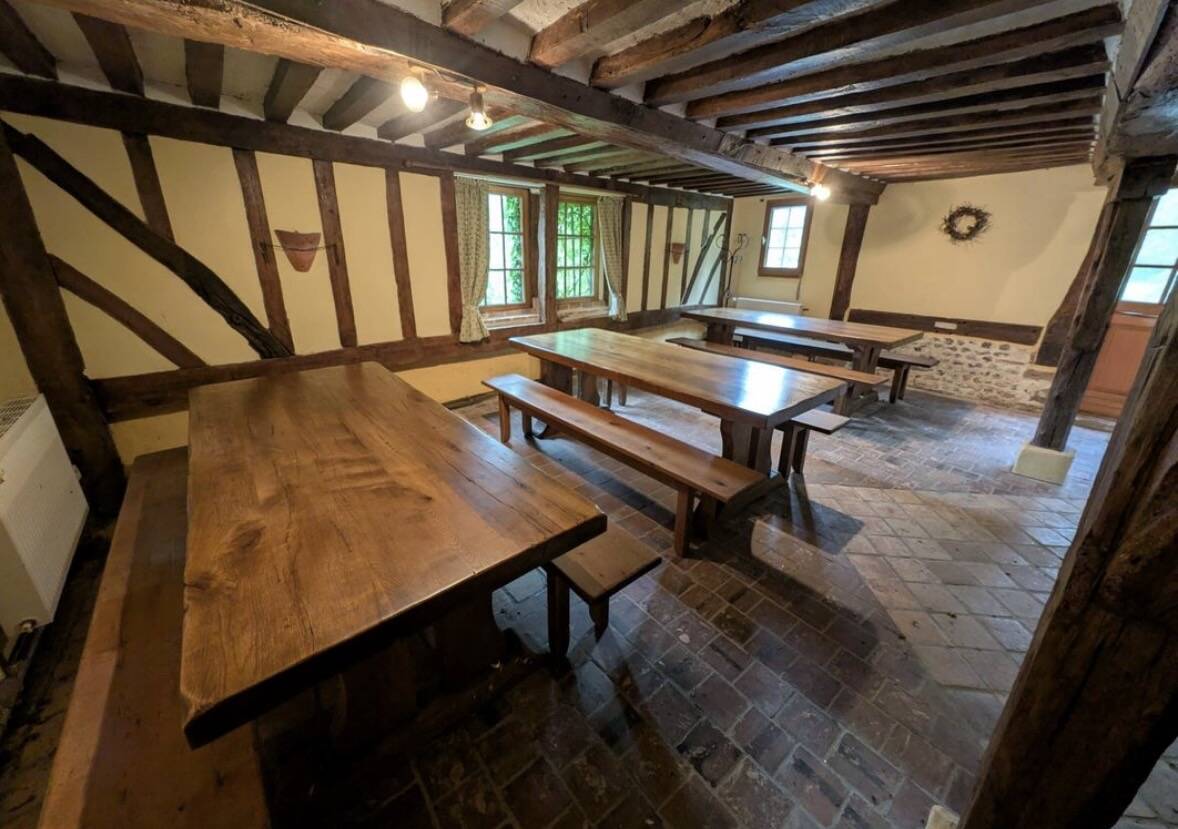 Set of 3 monastery tables in solid oak 220 cm with 6 matching benches.