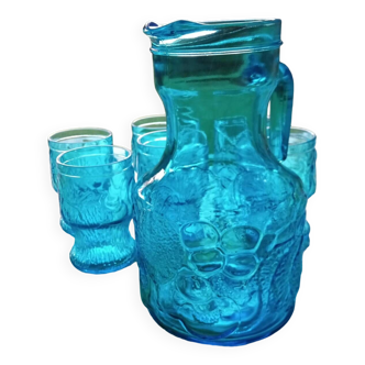 Blue carafe and its 6 vintage glasses
