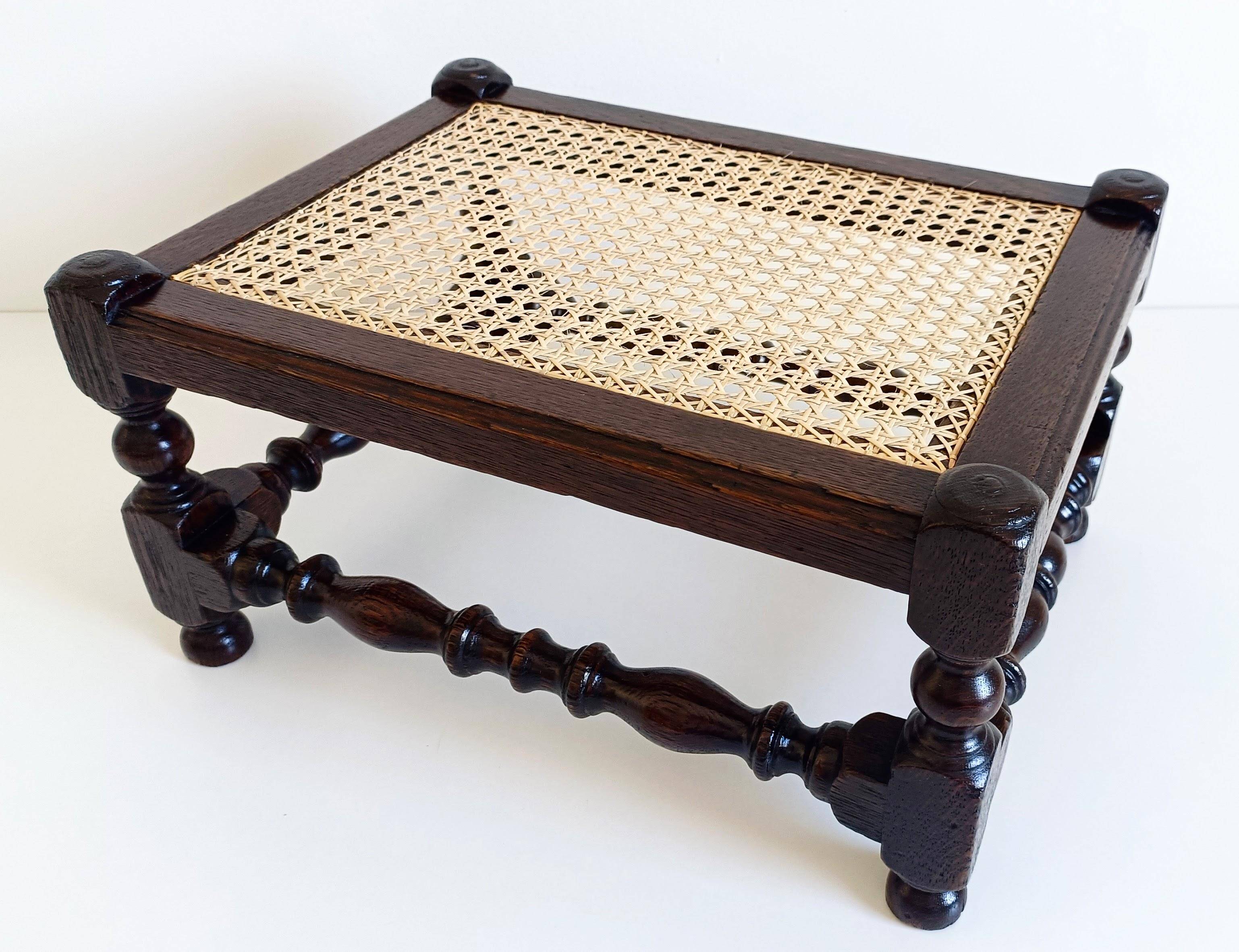 Antique Belle Epoque Oak Wood and Cane Footstool/ Occasional Table, late 19th-C