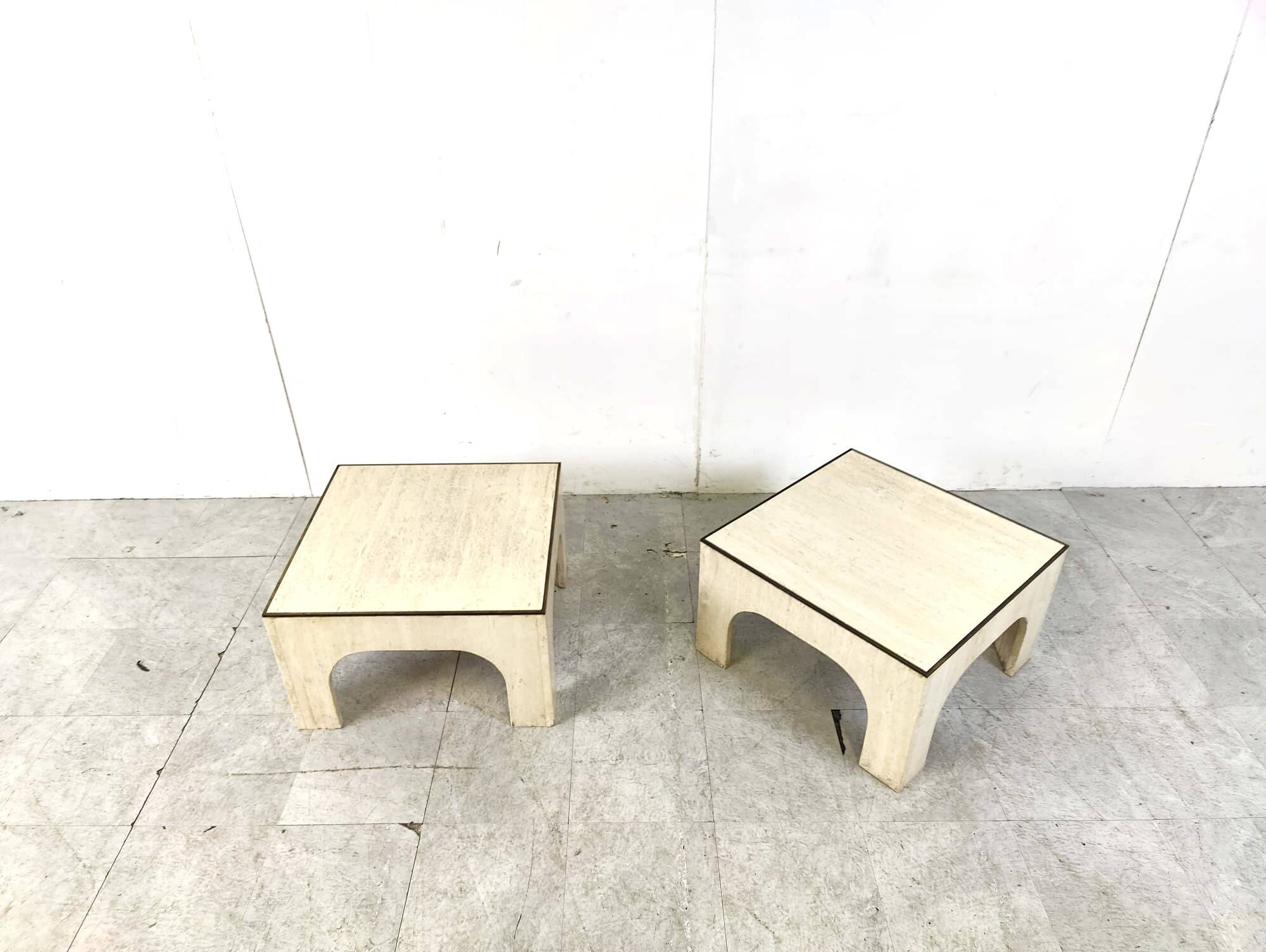 Pair of travertine and brass coffee tables, 1970s