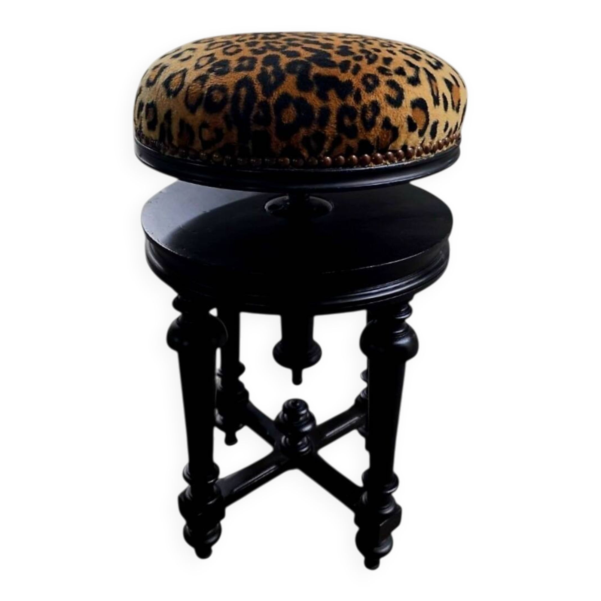 Tabouret de piano Napoléon III en bois noirci – Assise Léopard