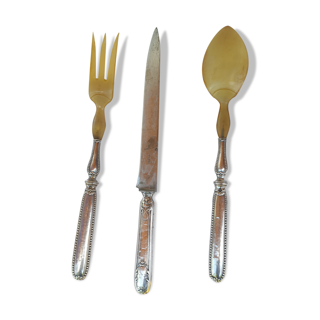 ANCIEN COUVERTS À salade Art Deco en argent poinçon Minerve dans sa