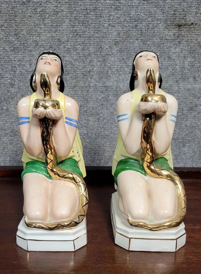 Pair of polychrome porcelain night light statues in Art Nouveau style
