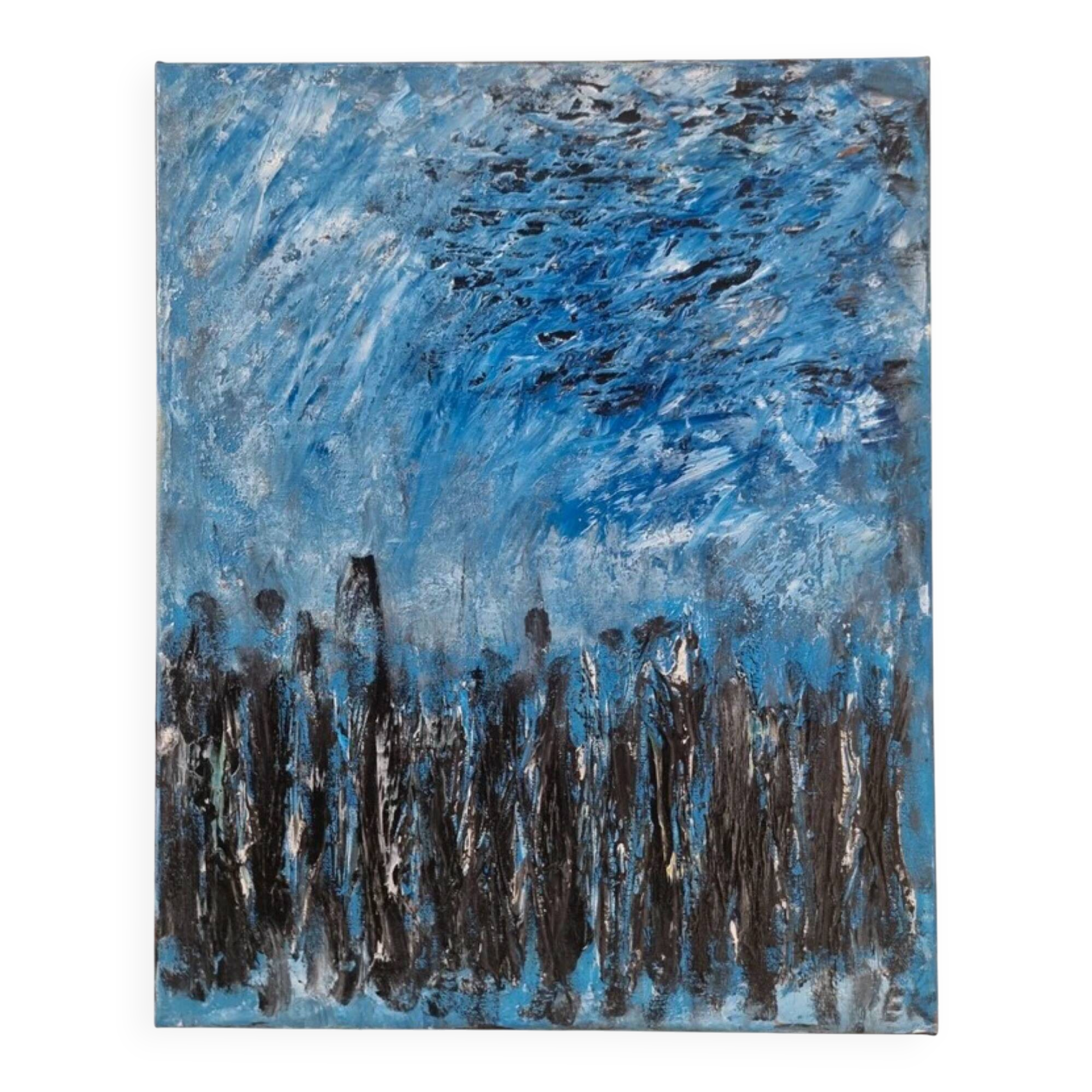 Abstract table in blue, black, and white, 41x33 cm, signed painting.