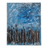 Abstract table in blue, black, and white, 41x33 cm, signed painting.