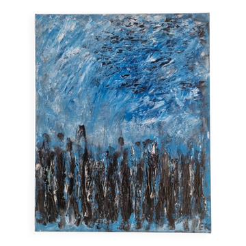Tableau abstrait bleu noir blanc 41x33 cm peinture signé