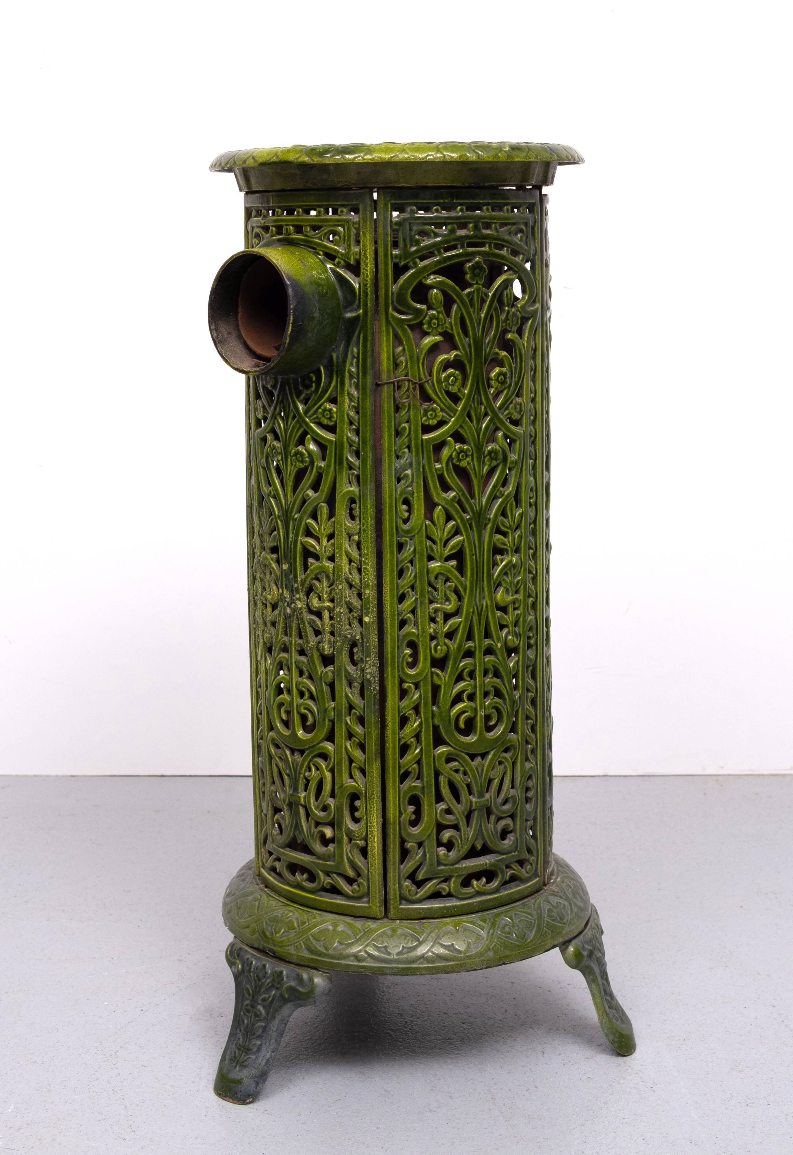 19th Century French Green Enameled Cast Iron Heater Stove