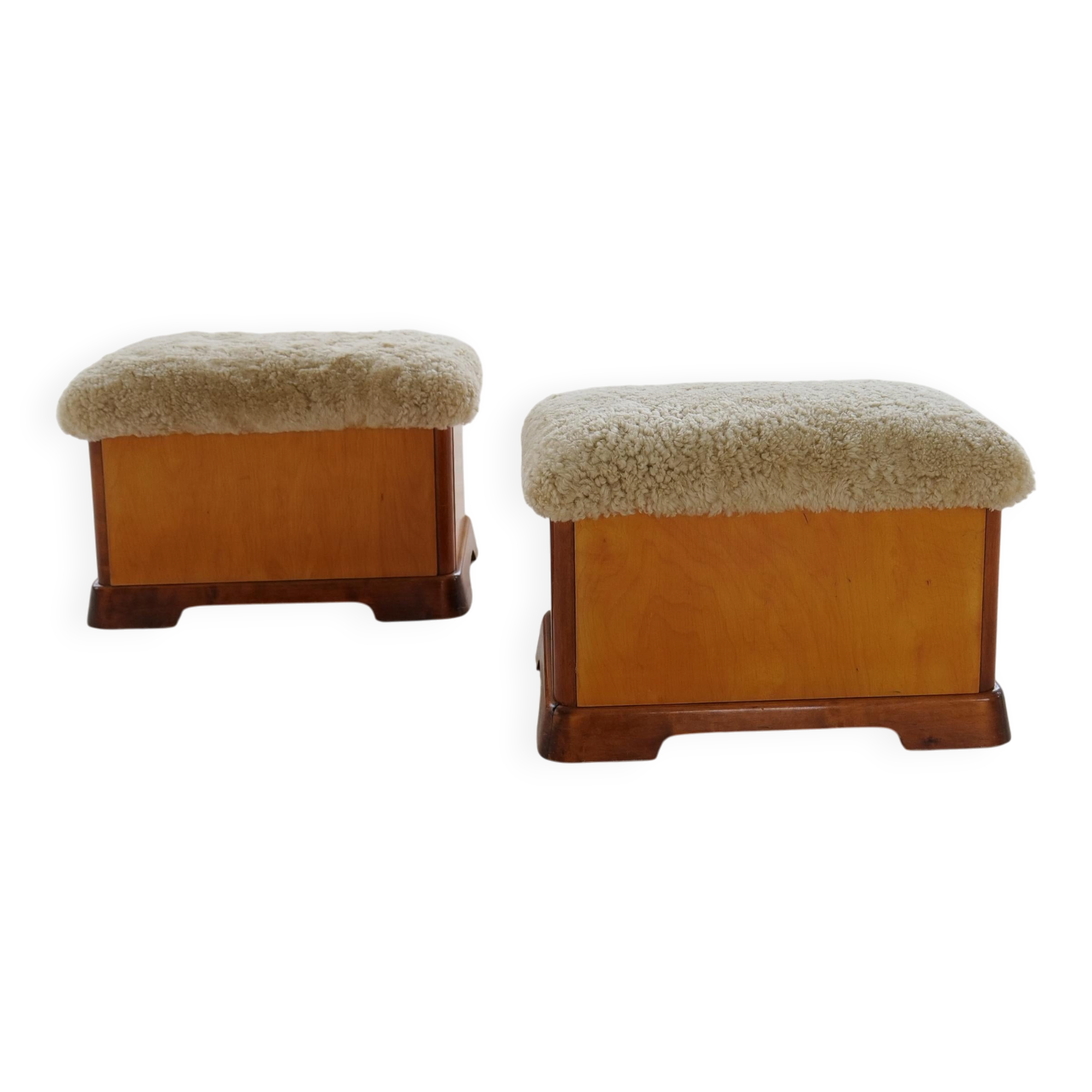 Swedish Art Deco Stools in Lacquered Birch with Sheepskin Seat, 1940s
