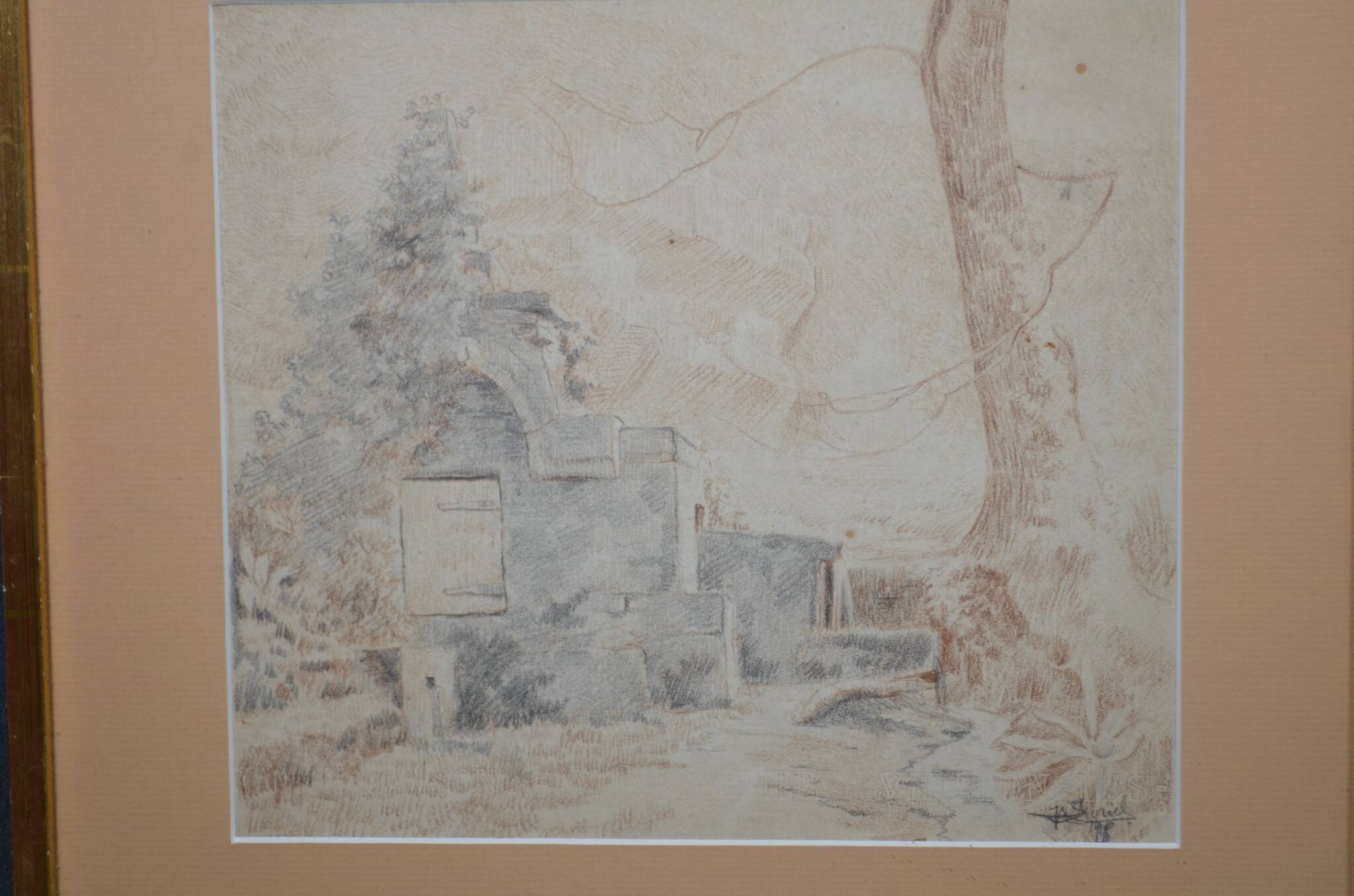 Pencil drawing "Landscape of Ruins" 1918 signed and dated