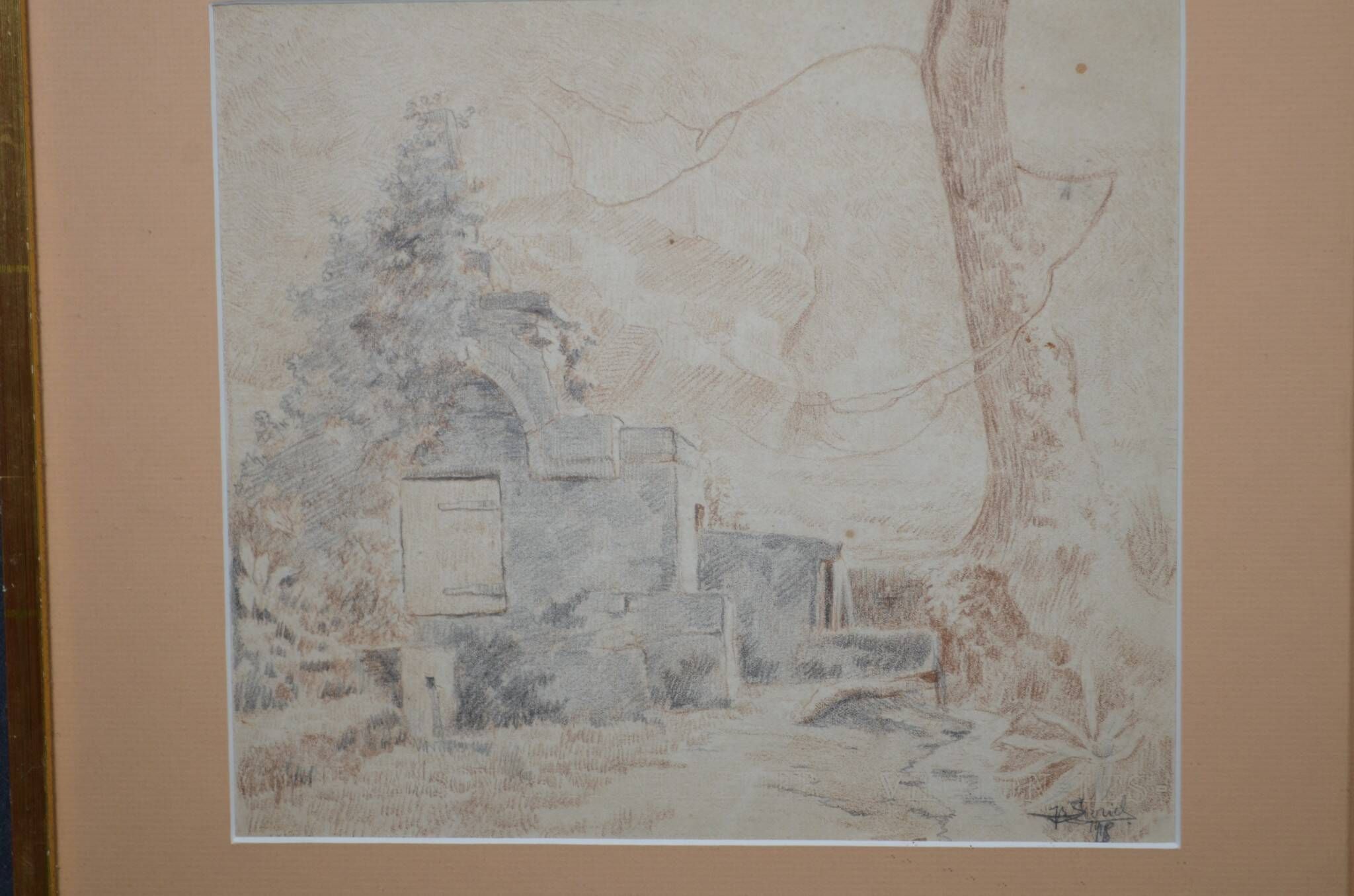 Pencil drawing "Landscape of Ruins" 1918 signed and dated