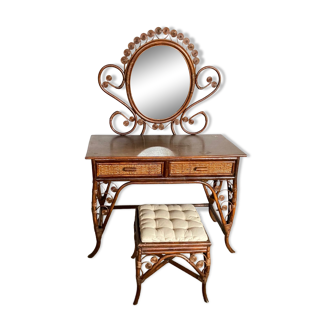 Vintage rattan dressing table with mirror and stool 1970