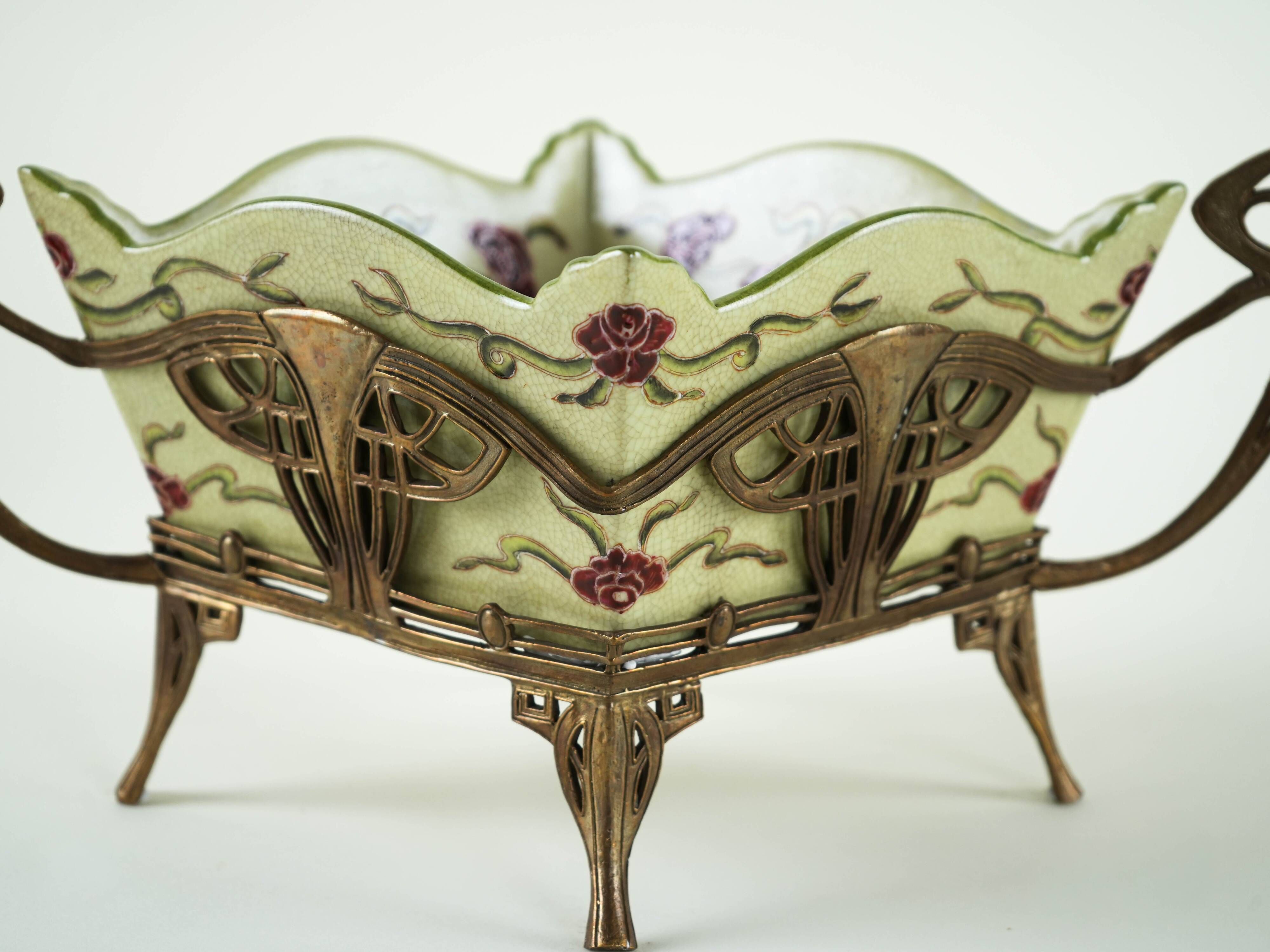 Art Nouveau platter with ceramic insert in ornamental metal frame, European craftsmanship