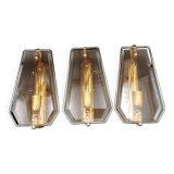 Triple vintage wall lights in brass and beveled glass to be electrified E14