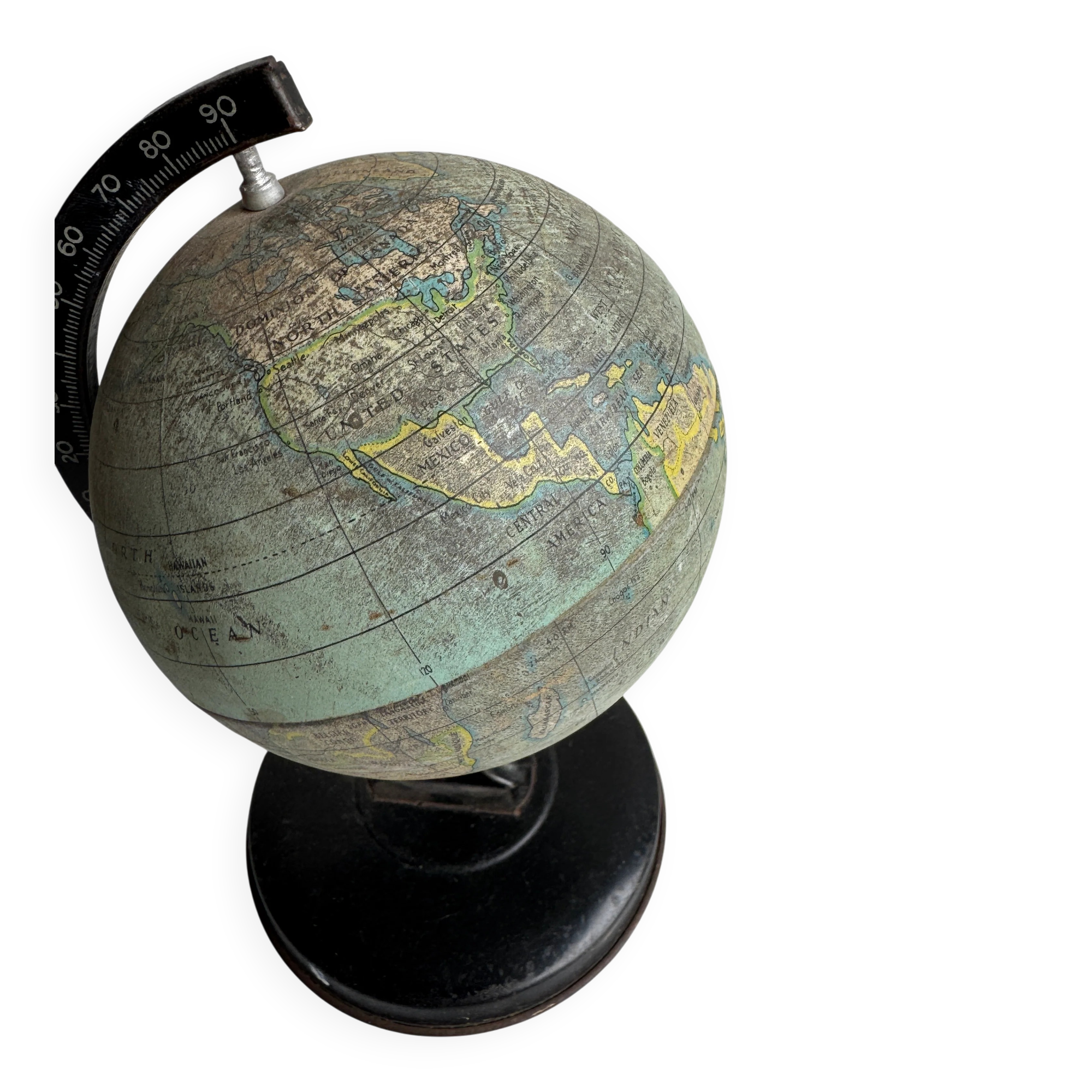 Miniature Green Paper-Covered Globe with Metal Base and Meridian — Made in England