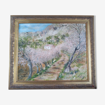 Huile impressionniste sur panneau, paysage de printemps, signée, encadrée