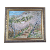 Huile impressionniste sur panneau, paysage de printemps, signée, encadrée