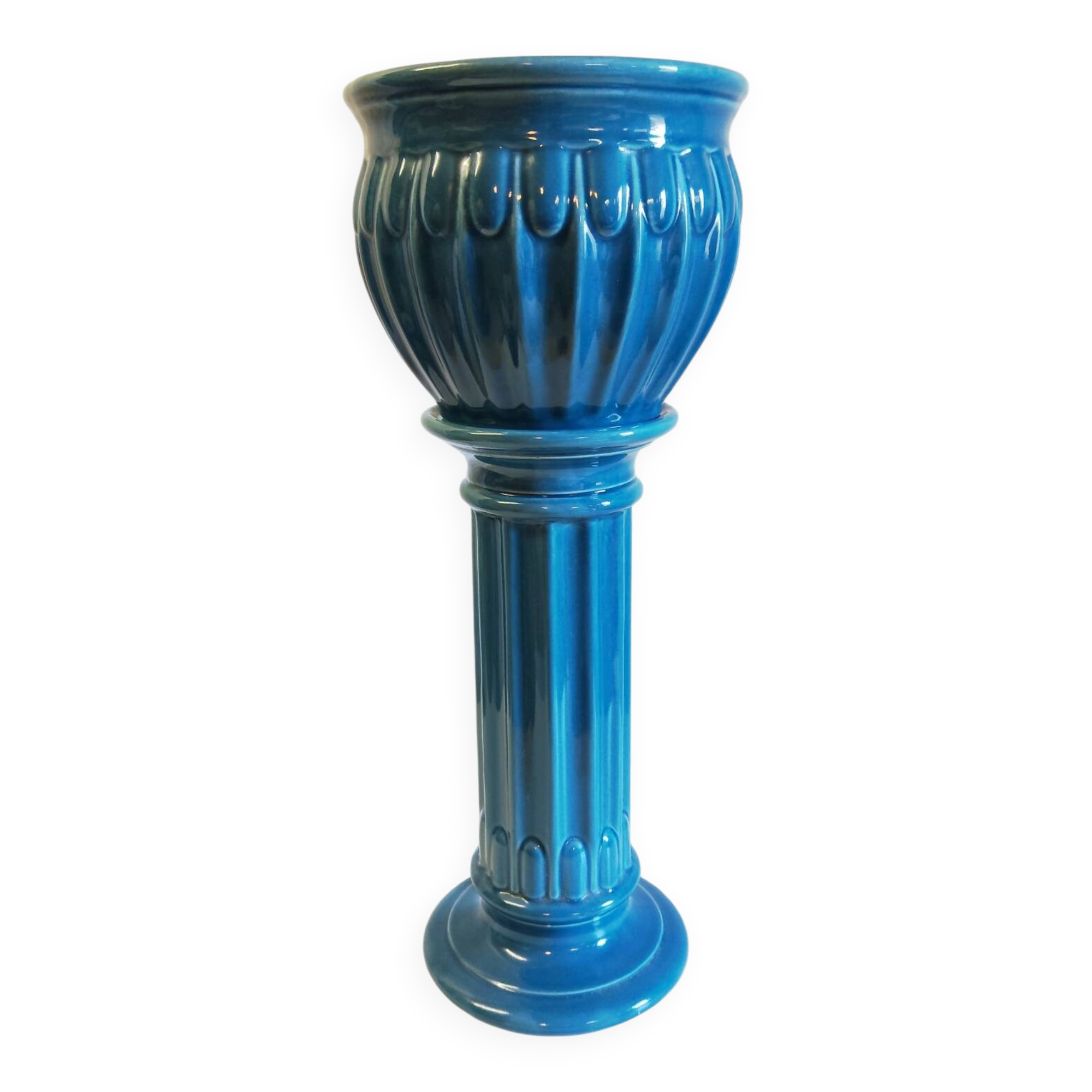 Column and basin in Art Deco style in blue glazed ceramic - mid 20th century.