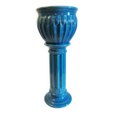 Column and basin in Art Deco style in blue glazed ceramic - mid 20th century.