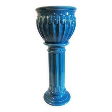 Column and basin in Art Deco style in blue glazed ceramic - mid 20th century.