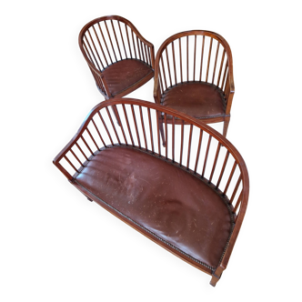 Small Art Deco bench and armchairs in beech, 1930s