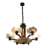 Lustre Art Deco par Ezan avec verre opalescent et cuivre circa 1930