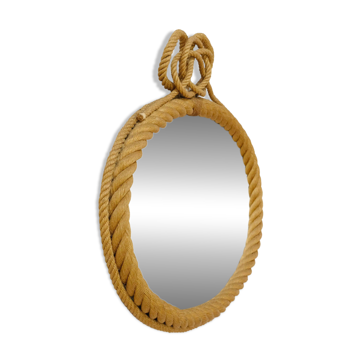 Large oval mirror in rope with pediment, 64cm x 56.5cm.