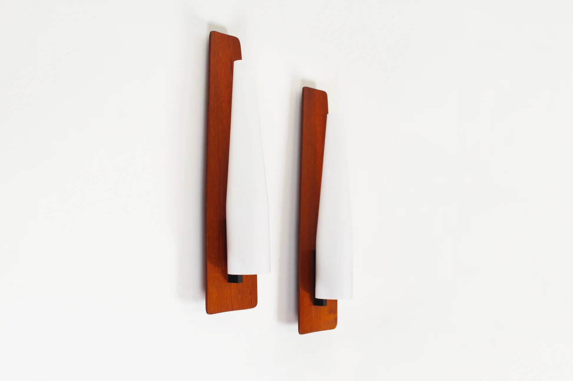 Rare set of wall lamps in teak and opaline glass by Kaiser Leuchten