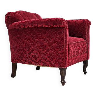 Fauteuil danois, années 1950, tissu coton/laine rouge, bois de hêtre.