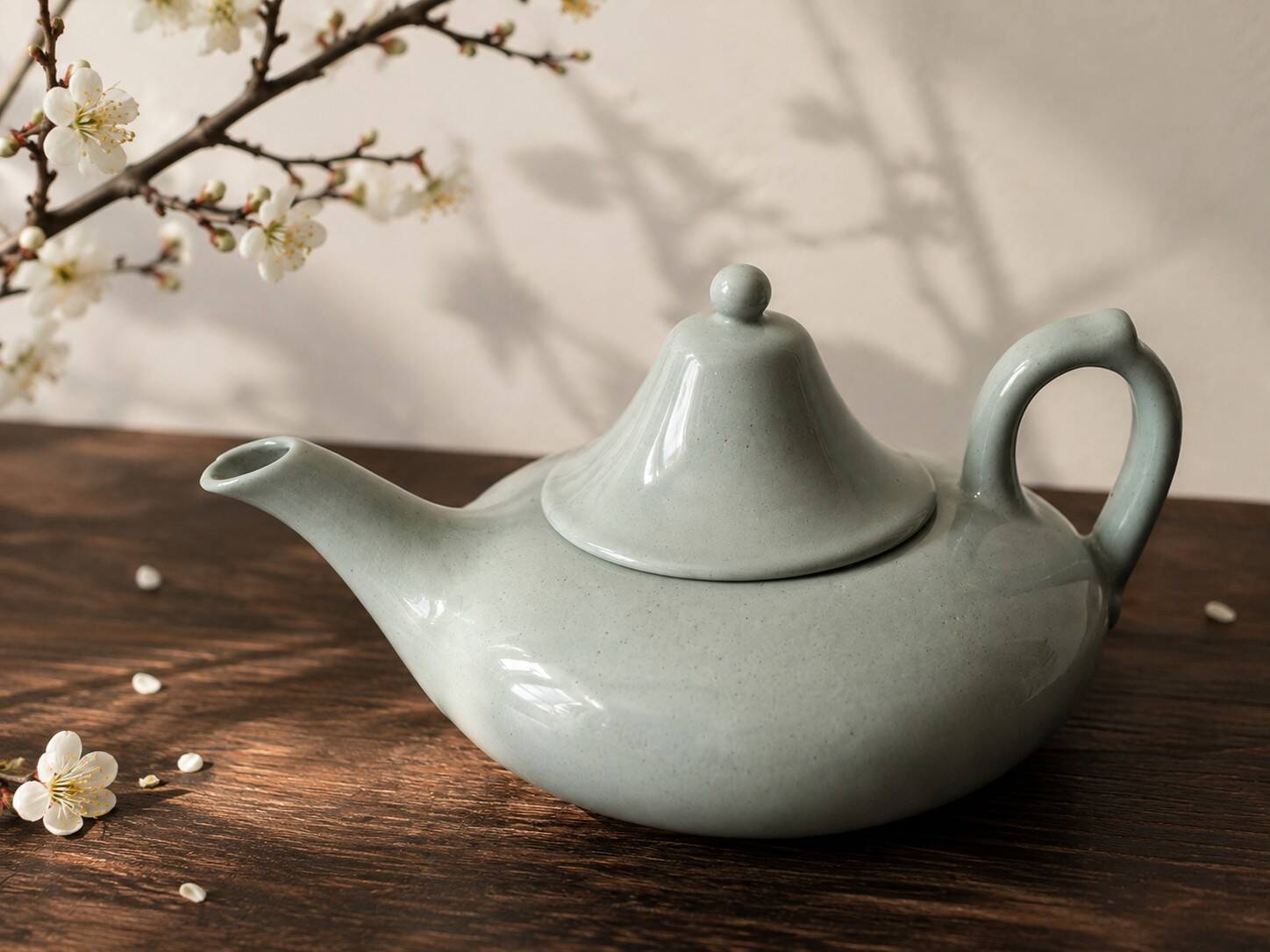 Celadon speckled glazed ceramic teapot